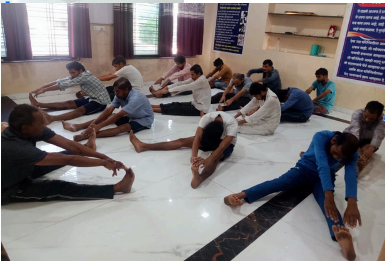 Patients practising morning yoga at Navjivan Clinic rehabilitation centre